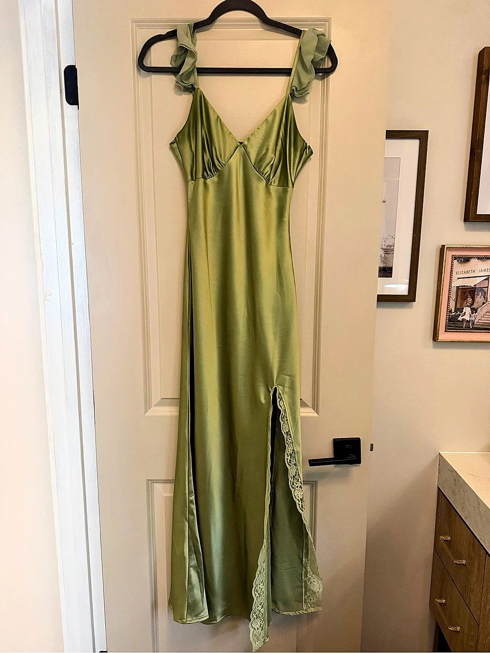 Olive Green Satin Lace-Up Maxi Dress